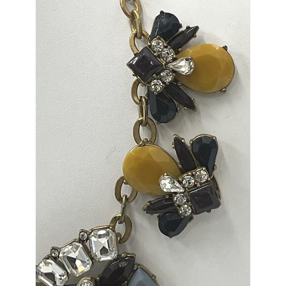 J. Crew Mustard Yellow Blue Eggplant Antique Gold Rhinestone Statement Necklace - Picture 4 of 14